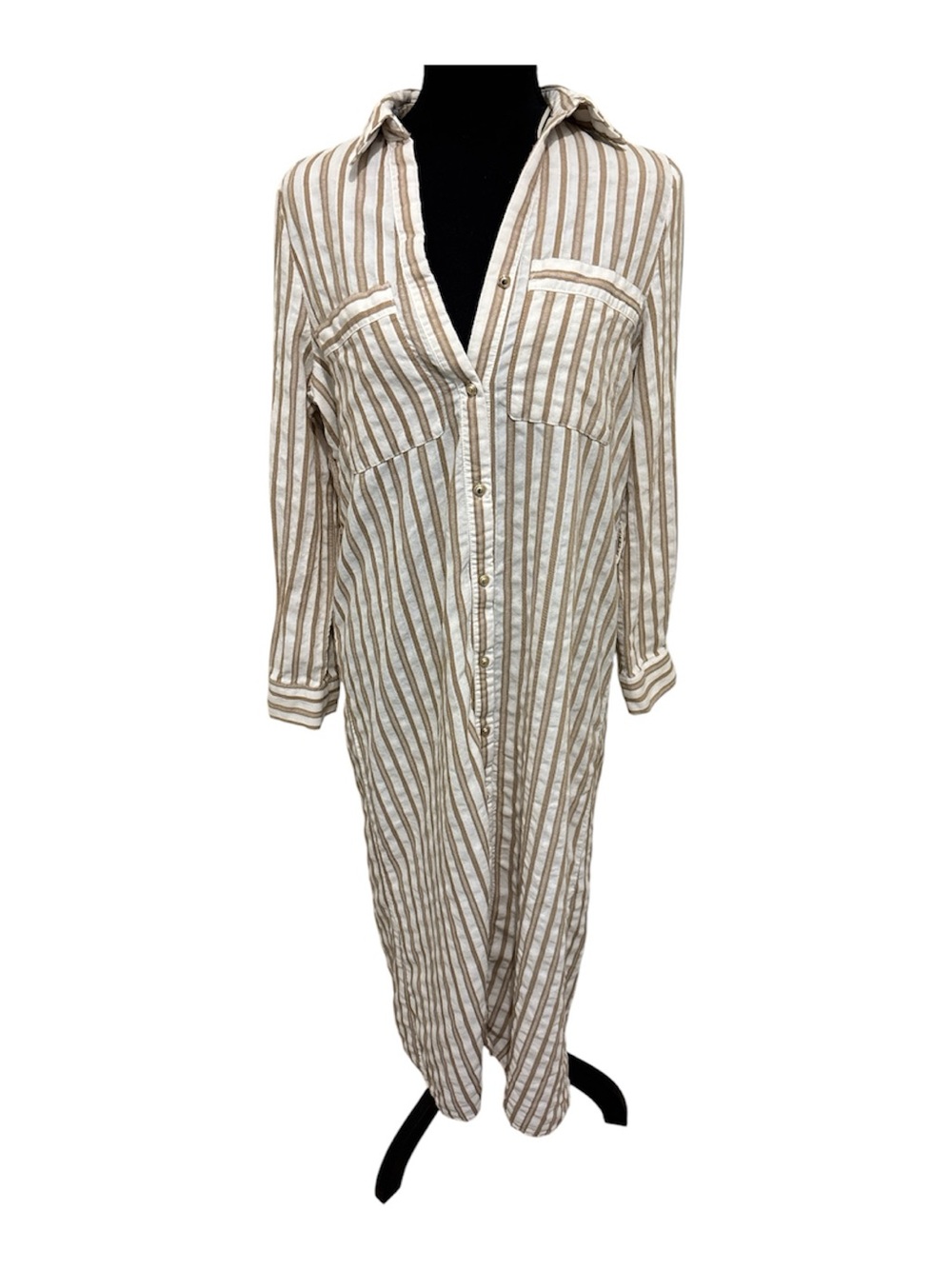 Vici Cream and Tan Striped Button-Front Swim Coverup